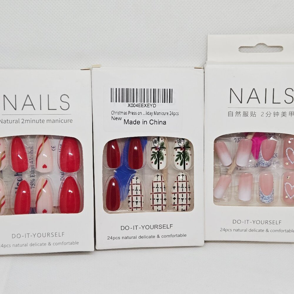 3 BOXES NATURAL PRESS ON NAILS HEARTS & CHRISTMAS RED & PINK NIB 72 TOTAL